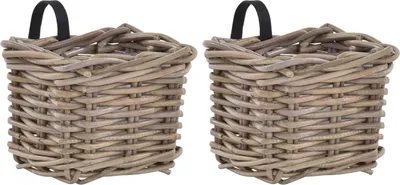Produktbild von KRINES HOME Set / 2 Balkonkorb Grau Balkon Geländer Pflanz-Korb Blumen-Topf Natur Rattan Balkonkasten Pflanzgefäß mit Folie (2)
