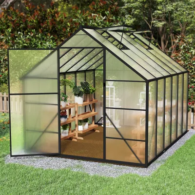 Obrázek produktu pro LARS360 Hliníkový skleník 310x250x205cm, 7,75m² Walk-in zahradní skleník se zesíleným základem, střešním oknem, dveřmi, odolný proti povětrnostním vlivům a teplotám pro zeleninu, rostliny a rajčata