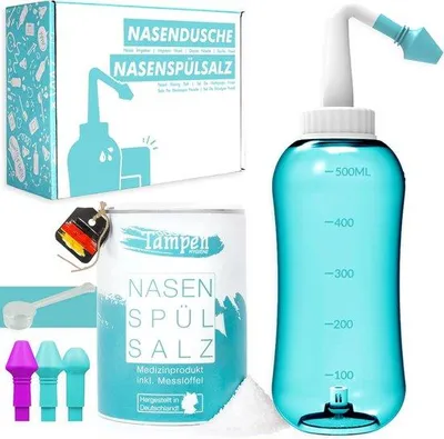 Produktbild von Schnelleinkauf - Nasendusche Set mit 120x Nasenwaschsalz (300g) und Dosierlöffel - 3 Halterungen für Erwachsene und Kinder - Premium Nasenreinigung und Hyg