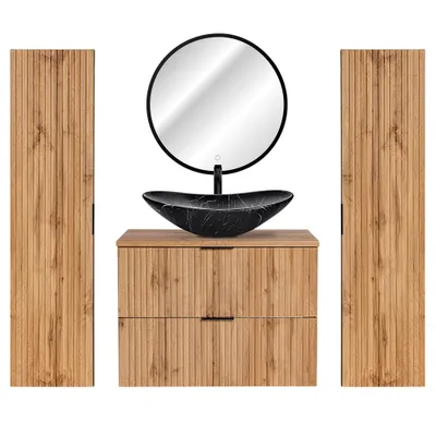 Produktbild von Badmöbel Komplett-Set Wotaneiche mit Rillenoptik 80 cm Waschtisch-Unterschrank mit Keramik Waschbecken 2 Hochschränke LED-Spiegel
