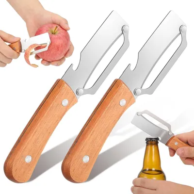 Obrázek produktu pro Multifunkční škrabka na ovoce a zeleninu - Otvírák na lahve - Ergonomická dřevěná rukojeť - Nerezová ocel - Kompaktní formát - Škrabka