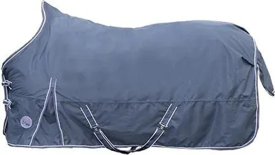 A dark gray horse blanket with white trim is shown laid out on a white background.