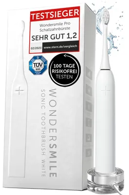 A white sonic toothbrush and its packaging are displayed against a white background. The packaging features promotional text and certifications.