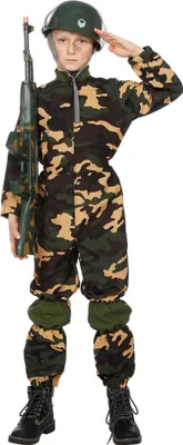 A child in a camouflage military costume salutes while holding a toy rifle.
