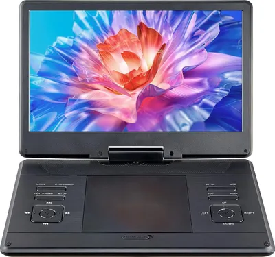 Tragbarer DVD-Player für Auto - Drehbarer 35,8 cm HD-Bildschirm - Integrierter Akku 4,5–5 Stunden - 2 Lautsprecher - TV/USB/SD/CD/DVD kompatibel - Mit Autoladegerät - Schwarz