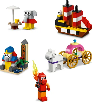 Produktbild von LEGO 11021 Classic 90 Jahre Spielspaß Set, Bausteine-Box mit 15 Mini-Modellen legendärer LEGO Spielzeuge, inkl. Zug und Schloss, Konstruktionsspielzeug