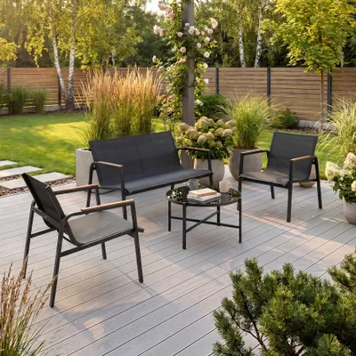 Produktbild von BEAUTYSOFA | THAITI Gartenmöbel Set Schwarz – Gartensitzgruppe mit 2-Sitzer Sofa, 2 Sesseln und Couchtisch, Terrassenmöbel, Stahlgestell, 4 Sitzplätze