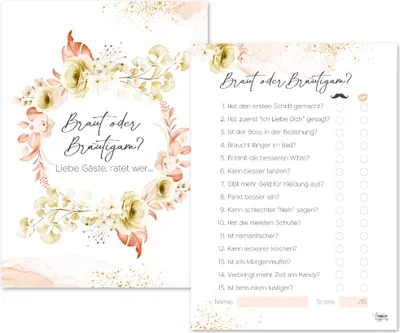 Produktbild von Hochzeitsspiel Braut oder Bräutigam? (50 Karten) Hochzeitsquiz für Gäste | Koralle Rosen