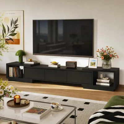 Produktbild von TV-Lowboard ausziehbar 166-270cm Schwarz, Fernsehschrank mit 3 Schubladen, modernes TV-Board für Fernseher bis 100 Zoll, stabiler Aufbau