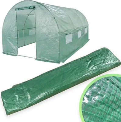 A greenhouse and its rolled-up cover are displayed against a white background.