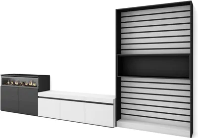 Produktbild von Wohnwand Wohnzimmer, 360x35x186cm, Für TV-Geräte bis zu 65", Elektrokamin, Weiß und Schwarz