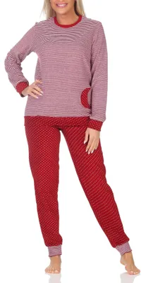 Produktbild von Normann Mädchen Frottee Pyjama langarm mit Bündchen in Tupfen- und Ringeldesign ; Ringel , 128