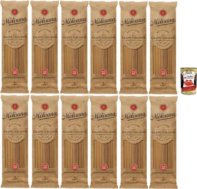 Produktbild von La Molisana Pasta Integrale Spaghetti quadrati n°1, Vollkornnudeln Vollkornpasta,100% italienischer Weizen,Bronzepaste 12x 500g Packung + Italian Gourmet polpa 400g