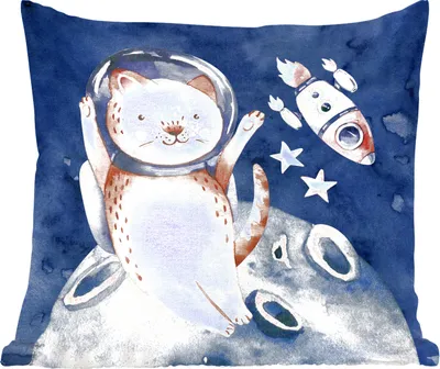 Produktbild von MuchoWow® Zierkissen Sofakissen Wohnzimmer Dekokissen 45x45 cm Weltraum - Rakete - Katze - Kind - Jungen - Mädchen - Kinder - Schlafpolster - Polster für das Sofa