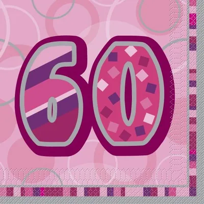 Produktbild von Servietten zum 60. Geburtstag, pink, mit Zahl 60 Motiv, 3-lagig, 33x33 cm, 16 Stück