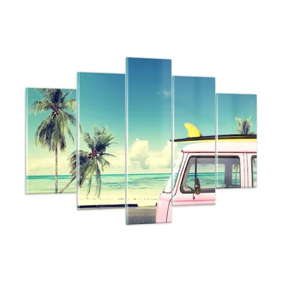 Produktbild von Bilder auf glas - Auto Surfbrett Strand Ozean - 150x100cm - Glasbilder - Wandbilder - Kunstdruck - zum Aufhängen bereit - Wanddekoration aus Glas - Glas Bilder - Wandbild auf Glas - GEA150x100-2835