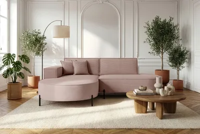 Produktbild von Ecksofa 3-Sitzer im Loft-Stil, Skandi-Design – L-Form, Ecke Links – Hohe Metallfüße – inkl. Dekokissen, Cordstoff Chenille – Altrosa, Rosa