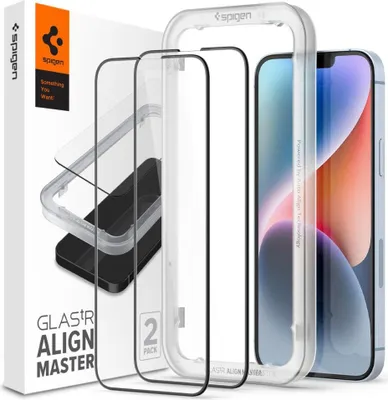A product shot of Spigen screen protectors and an alignment tool, with a phone in the background.