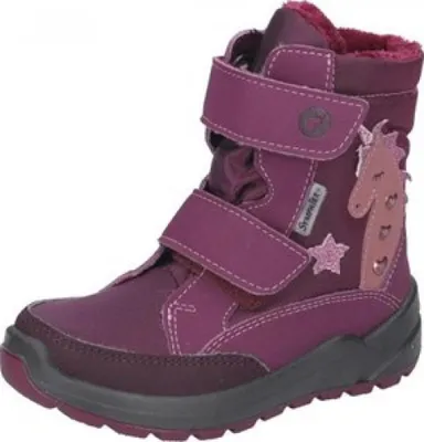 A single purple winter boot for children with a unicorn design.