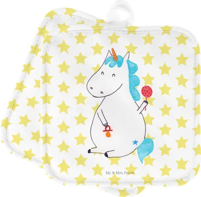 Produktbild von Mr. & Mrs. Panda Topflappen Einhorn Baby - Weiß - Geschenk, Eltern, Unicorn, Party, Geburt, Topfuntersetzer, 2er Set, Kochlappen, topfhalter, Geburtstag, Ofenlappen
