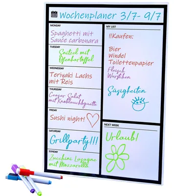 Produktbild von Magnetischer Wochenplaner 45x33 cm inkl. 4 farbigen Stiften – Abwischbarer Whiteboard Familienplaner & Organizer für Kühlschrank & Haushalt