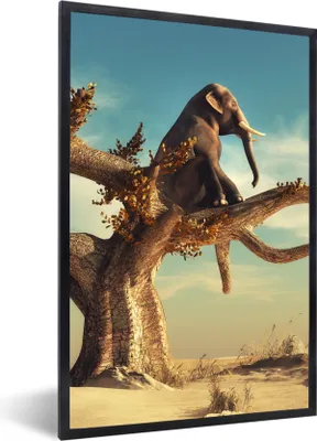 Produktbild von MuchoWow® Gerahmtes Poster Elefant - Baum - Natur - Wüste 40x60 cm - Poster mit Schwarzem Bilderrahmen Wandposter Rahmen Foto Bilder - Papierdruck - Wandbilder