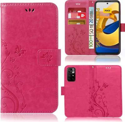 Produktbild von Handy Tasche für Xiaomi Poco M4 Pro 5G Schutz Hülle Handyhülle mit Blumenmuster Klapp Hülle mit Standfunktion und Kartenfächer Pink