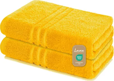 Produktbild von Lavea® 2er Set Saunatuch 80x200 cm, XXL Badetuch, 100% Baumwolle Frottier, saugstark, pflegeleicht 60°C, Elena, Rapsgelb