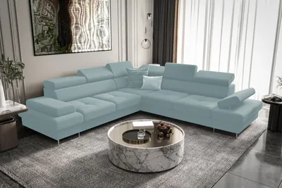 Produktbild von Ecksofa Galaxy MAX 276×276 cm mit Schlaffunktion, Verstellbare Kopfstützen und Bettkasten - Gemma 70, Blau - Links