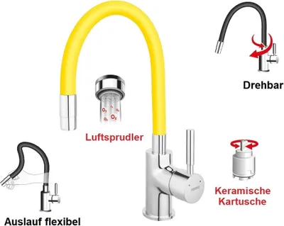 Produktbild von Spültischarmatur GELB flexibel Einhebelmischer Wasserhahn Messing Mischbatterie Spiralfederarmatur