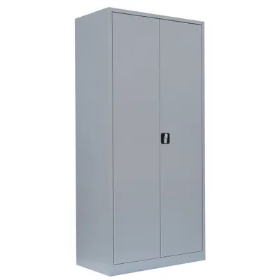 A tall, gray metal cabinet with two doors and a black handle.