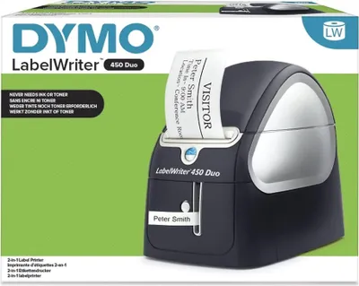 Zdjęcie produktu dla DYMO LabelWriter Drukarka etykiet 450 Duo | Drukarka etykiet z technologią bezpośredniego druku termicznego | Szybkie drukowanie etykiet, kodów kreskowych i innych | Drukuje zarówno etykiety LW i D1, D1, Termotransferowy, 600 x 300 DPI, Czarny, Srebrny