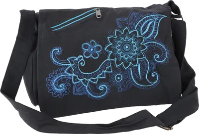 Produktbild von Bestickte Boho Schultertasche, Hippie Tasche aus Nepal - Schwarz/türkis, Uni - Erwachsene, Baumwolle, 23*28*12 cm, Alternative Umhängetasche, Handtasche aus Stoff