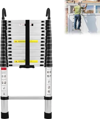 Produktbild von YUENFONG 3.8M Aluminium Teleskopleiter mit 2 Abnehmbarem Haken, Ausziehleiter, Rutschfester Schiebeleiter Mehrzweckleiter max 150 kg Belastbarkeit
