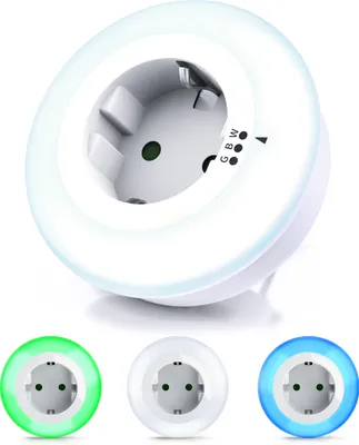 A product shot of a white LED night light with a plug and three smaller images showing the light in green, white, and blue.