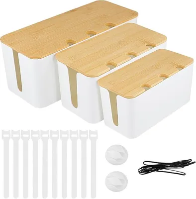 Produktbild von PolkaHome® 3er Set Kabelbox mit Bambusdeckel, Kabelmanagement-Box für Steckdosenleisten, 3 Größen, Weiß, 23,8 x 11,5 x 12 cm, 32,1 x