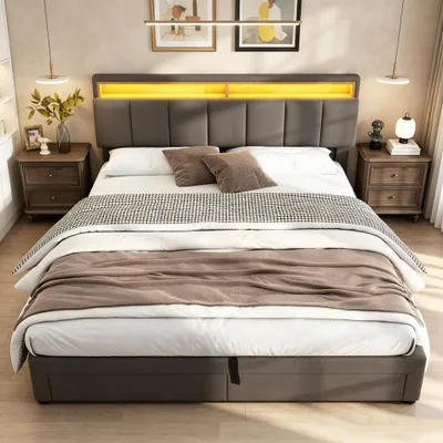 Image de INONEFT, lit rembourré double, 160x200 cm, avec éclairage LED, lit à ressorts avec système hydraulique et sommier à lattes, lit coffre en bois massif, tissu en lin, couleur gris
