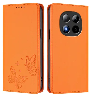 Image de Étui en cuir pour Xiaomi Redmi Note 15 Pro 5G, étui de protection type portefeuille en cuir gaufré « papillon » avec support, couleur orange