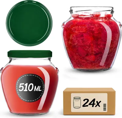 Productafbeelding van KADAX Inmaakpotten, 510 ml, met schroefdeksel, diameter 82 mm. Inmaakpotten met deksel, geschikt voor het inmaken van honing, fruit en groenten. Inmaakpotten (groen, 24 stuks)
