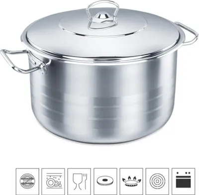 A stainless steel pot with a lid and handles, shown in a studio setting with icons below indicating its features.