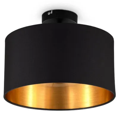 Productafbeelding van Plafondlamp, zwart, met gouden stoffen kap, E27 fitting, 30 cm. Geschikt voor slaapkamer en woonkamer