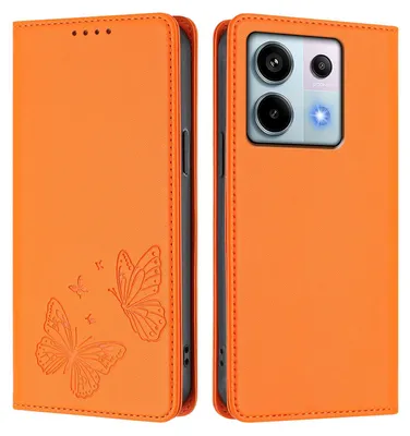 Obrázek produktu pro Kožené pouzdro pro Xiaomi Redmi Note 13 Pro 5G, motýlí ražbou, peněženkové flip pouzdro se stojánkem Oranžová