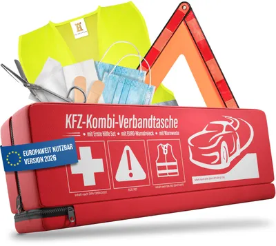 Immagine prodotto di HELDENWERK® Kit di pronto soccorso per auto, modello 3in1, conforme alla normativa 2026, con triangolo di segnalazione e giubbotto catarifrangente