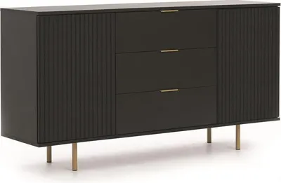 Produktbild von BETTSO Zweitürige Kommode mit Schubladen 150cm BIANCO Schwarz auf goldenen Beinen geriffelte Fronten