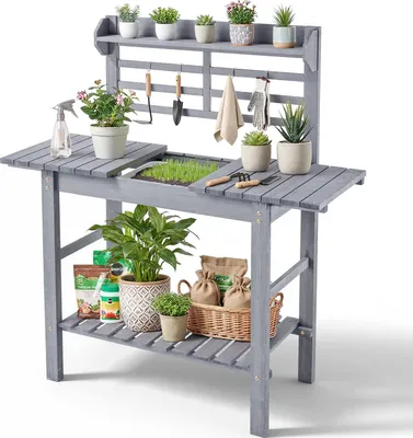 Produktbild von VEVOR Pflanztisch, Gärtnertisch, Gartenarbeitstisch mit Spüle, verstellbarer Holzplatte, Ablageflächen & Haken, Blumentisch, Umtopftisch für Terrasse & Garten, Regalstil, 940–1400x460x1400 mm