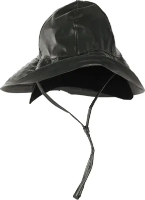 A black rain hat with a wide brim and chin straps, shown against a white background.