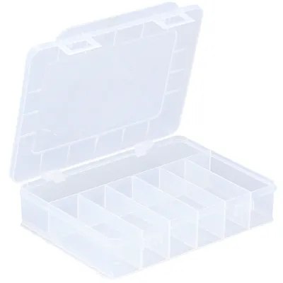 An open, empty, transparent plastic sorting box with multiple compartments.