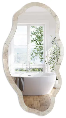 Produktbild von Ausgefallener Wandspiegel mit Motivdruck – organische Freiform – 90x45 cm – asymmetrischer Designspiegel – moderne Dekoration für Wohnzimmer, Flur und Schlafzimmer - Marmorfliesen