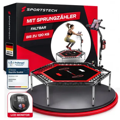 Produktbild von Messe-Neuheit 2020! Smart Fitness Trampolin, inkl. Pulsgurt, Sprungzähler & APP, klappbar, höhenverstellbarer Haltegriff mit Handy- & Flaschenhalterung, HTX100 Indoor Jumping Workout