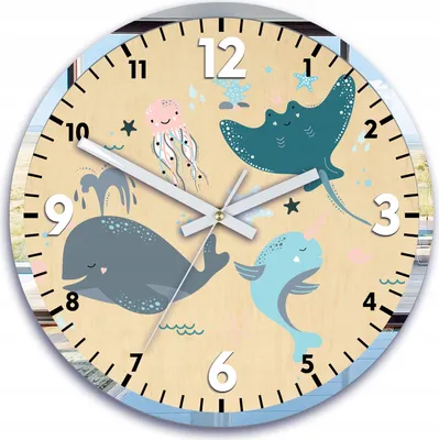 A close-up view of a round wall clock with a cartoon ocean theme, featuring various sea creatures and numbers.